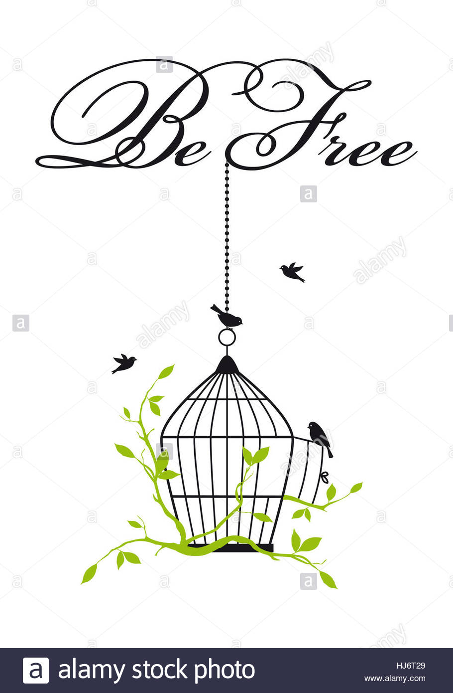 910x1390 Be Free, Open Birdcage With Birds And Green Tree Branches, Vector