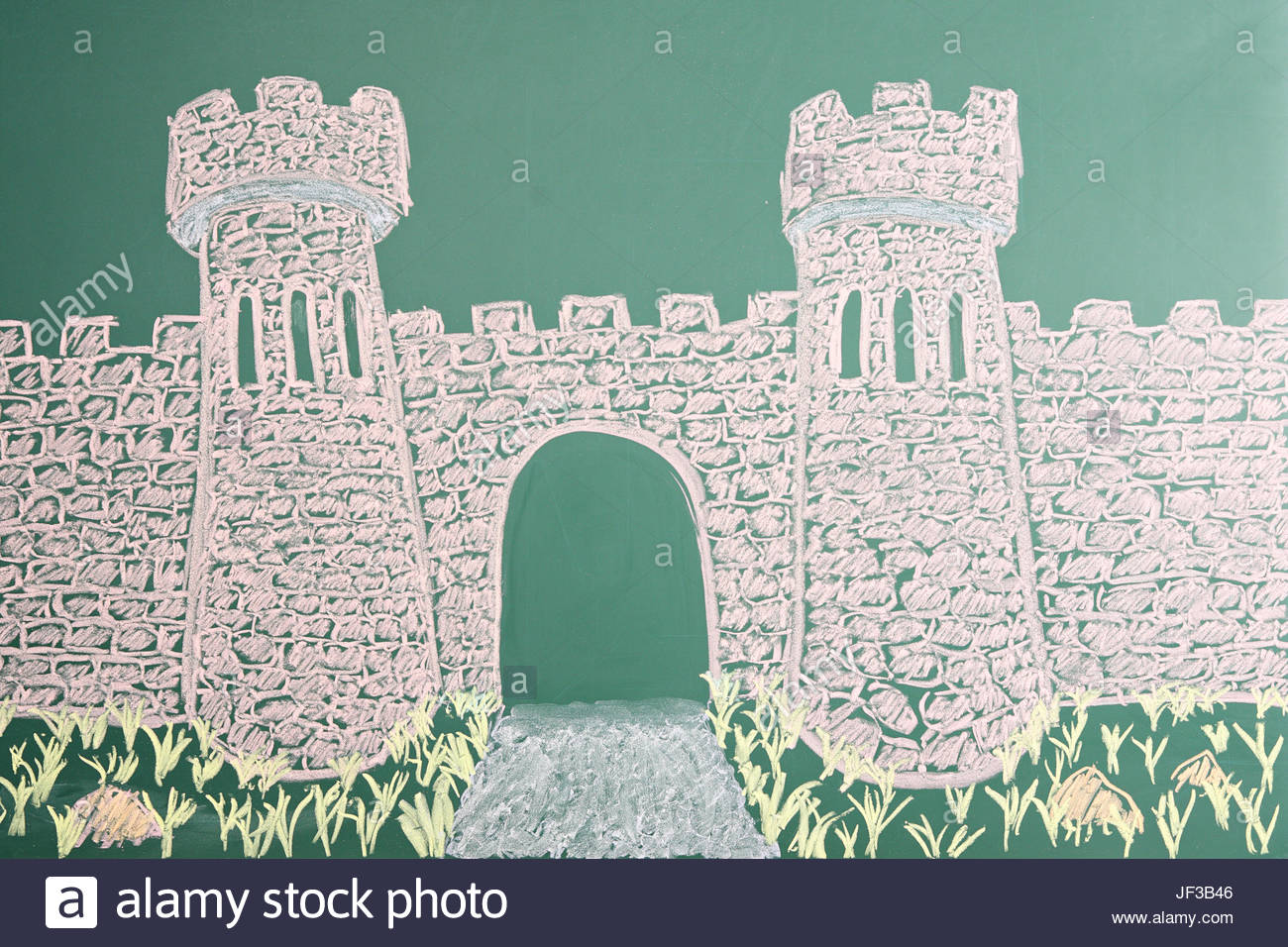 1300x956 Education Concept. Chalk Drawing Of Castle With Open Gate Stock
