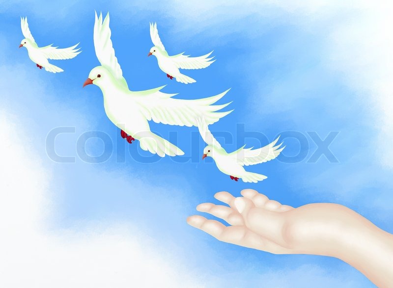 800x587 Hand Drawing, Open Hand Releasing Four White Doves Flying To