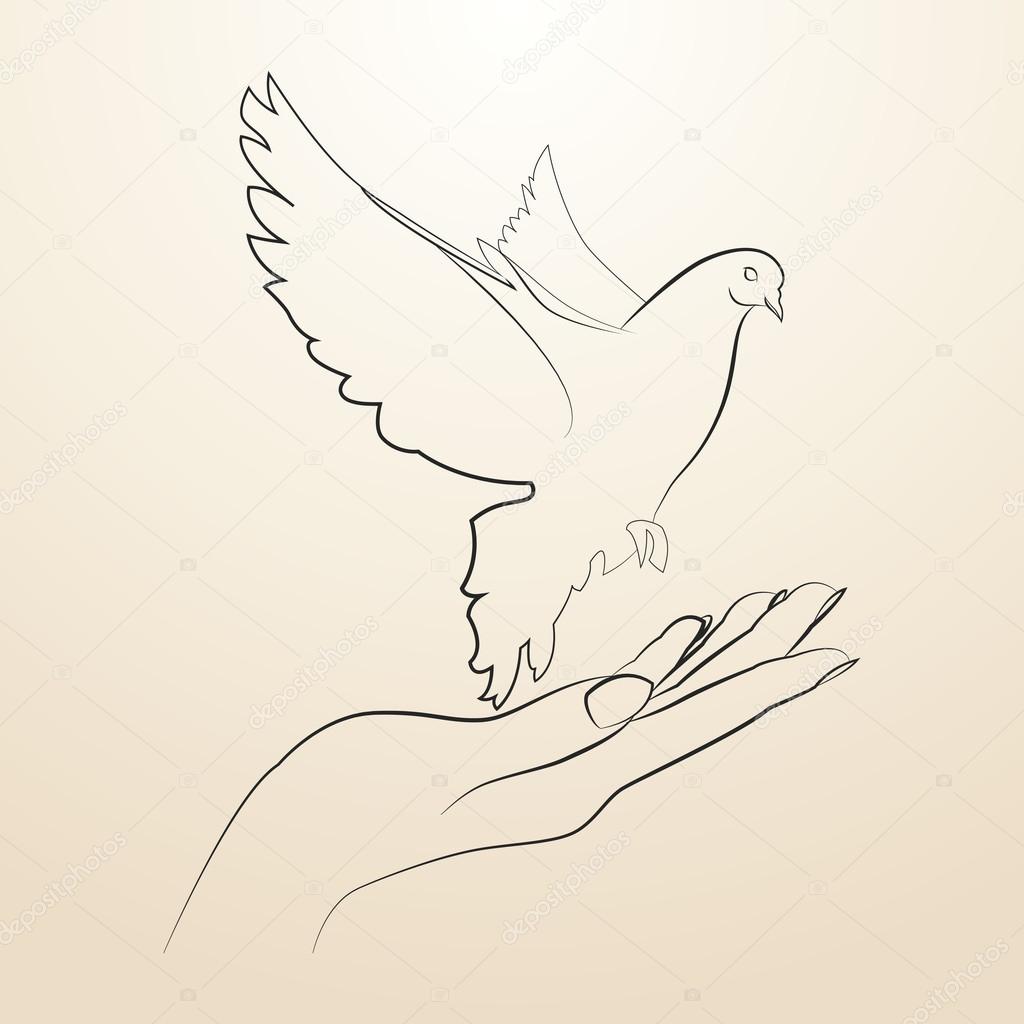 1024x1024 Pigeon Of Peace Flying From The Open Hands Sketch In Black Lines