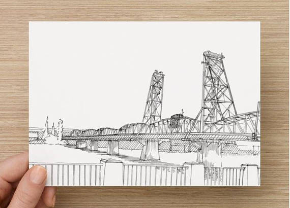570x410 Ink Sketch Of Hawthorne Bridge In Portland Oregon Drawing