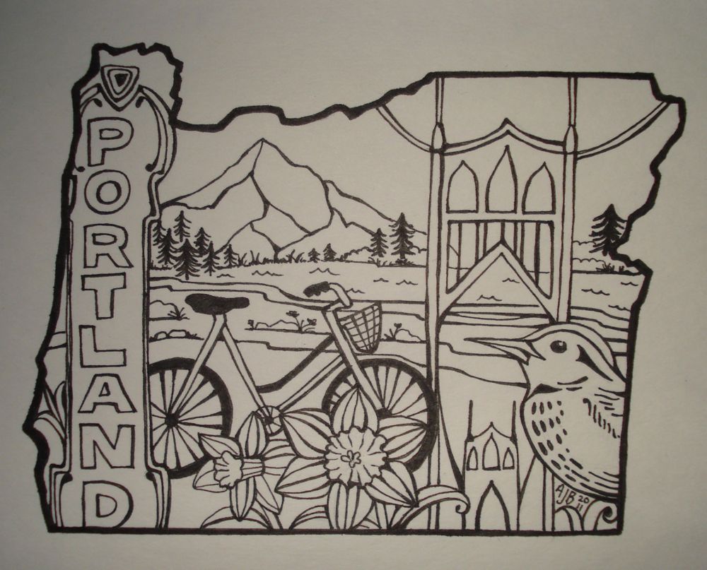 1000x807 St. John's Bird Portland Oregon Outline Drawing. 5 X 7, Pen