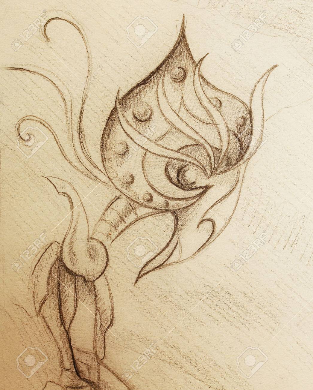 1046x1300 Allien Figure Ornamental Drawing On Old Paper Stock Photo, Picture