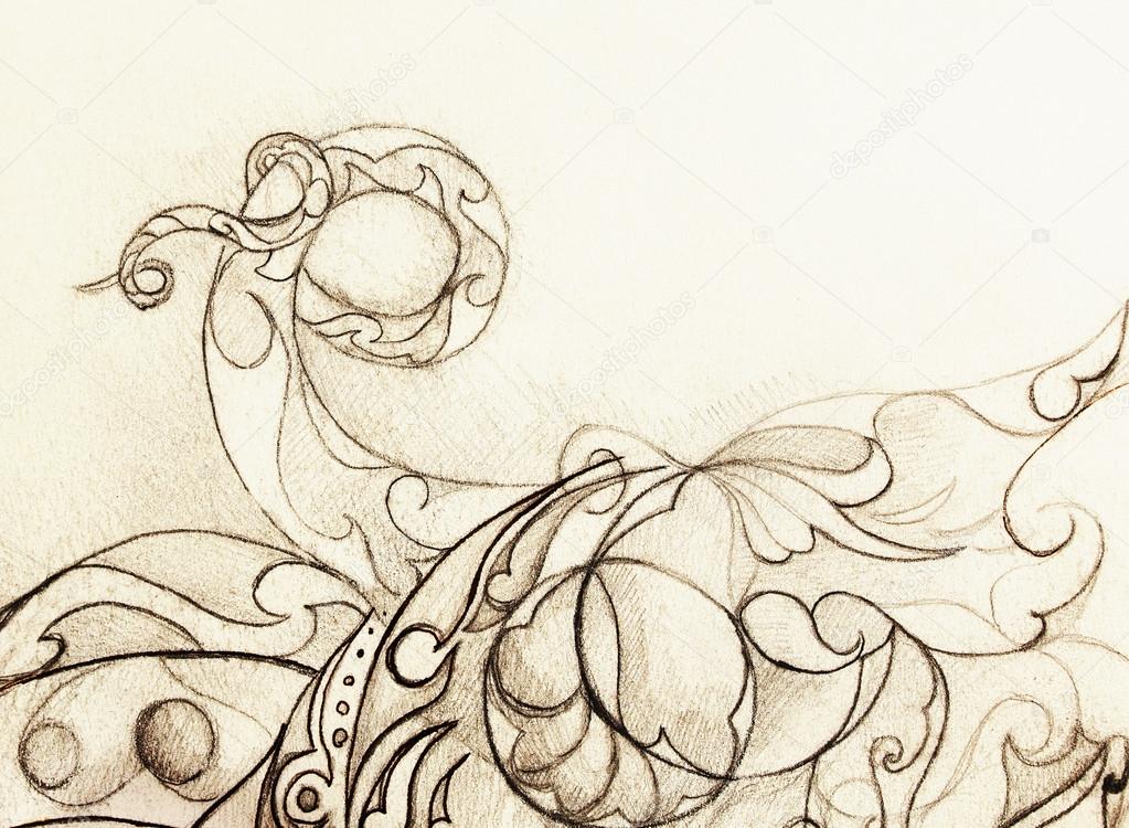 1023x750 Ornamental Drawing. Original Hand Draw And Computer Collage. Color