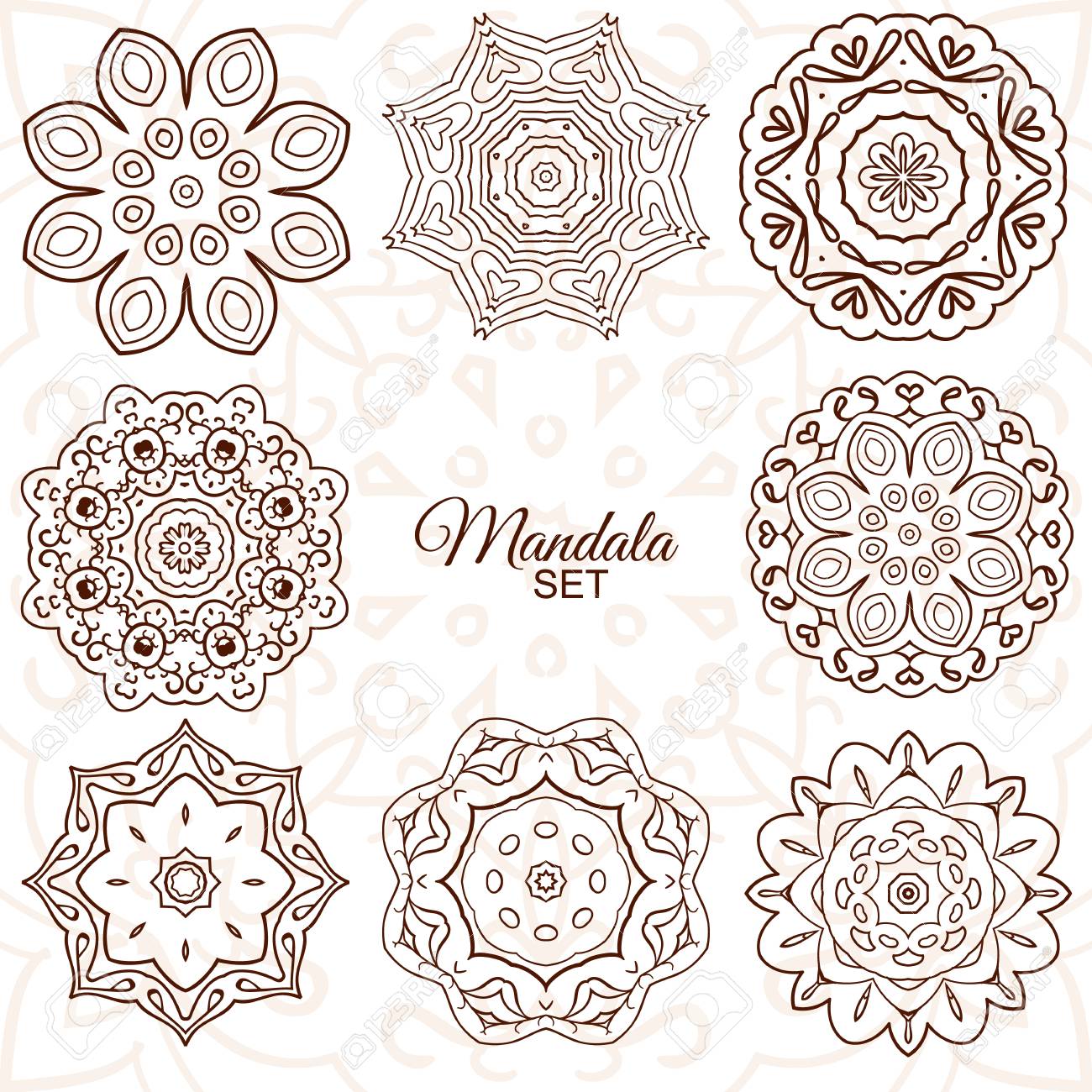 1300x1300 Mandala. Set Of Round Ornaments For Creativity. Doodle Drawing