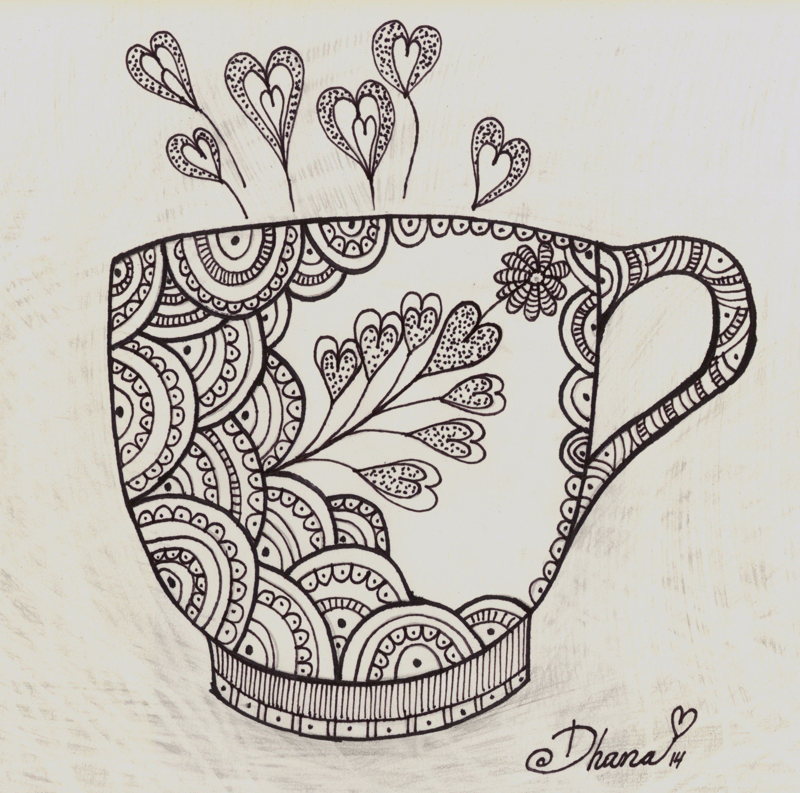 2774x2750 Original Drawing Coffee Cup, Hearts Flowers Ornaments, Kitchen Art