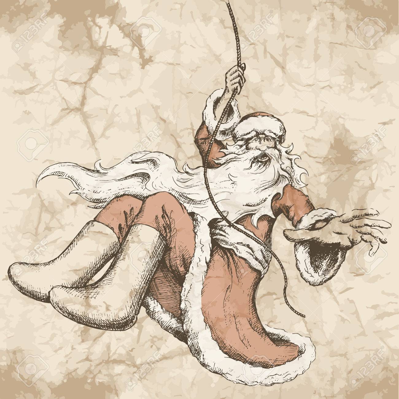 1300x1300 Sketch By Hand Of Santa Claus Flying On A Rope With Outstretched
