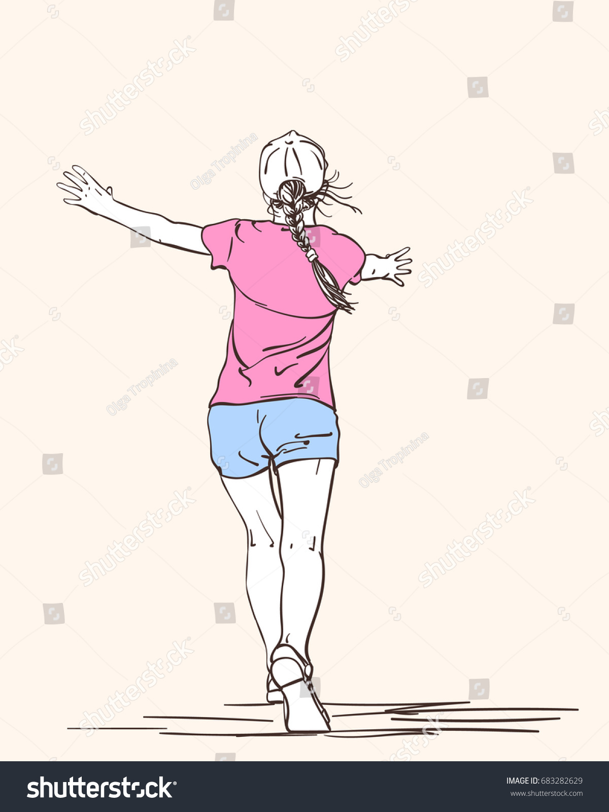 1200x1600 Vector Sketch Of Girl In Summer Clothes With Long Pigtail Running