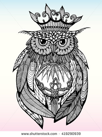 351x470 Owl With A Crown. Portrait Of An Owl. Owls Head. Abstract Bird