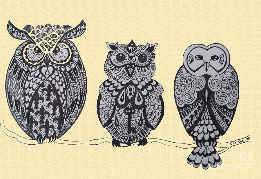 900x620 Three Owls On A Branch Drawing By Karen Larter