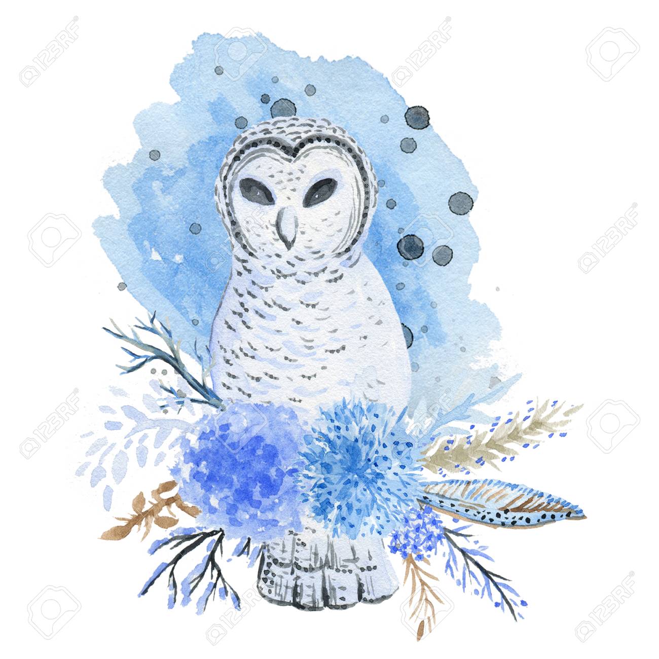 1300x1300 Watercolor Owl, Tree Branches, And Flowers. Vintage Hand Drawn