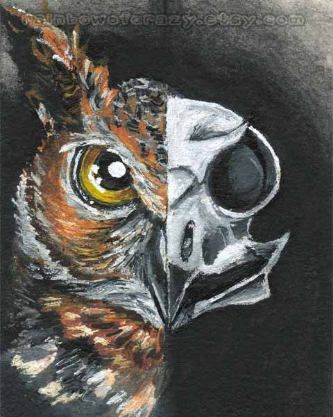 480x600 Owl Skull Print, Bird Art, Gothic Decor, Halloween Decoration