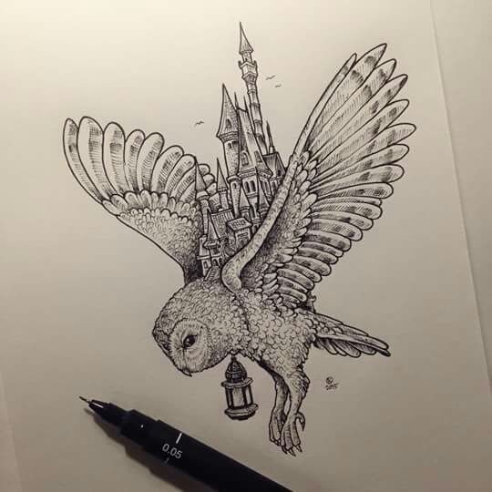 540x540 Art, Beautiful, Castle, Drawing, Owl, Sketch Art.