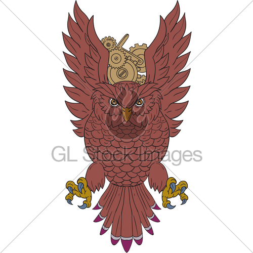 500x500 Owl Wings Spread Swooping Clock Gears Drawing Gl Stock Images