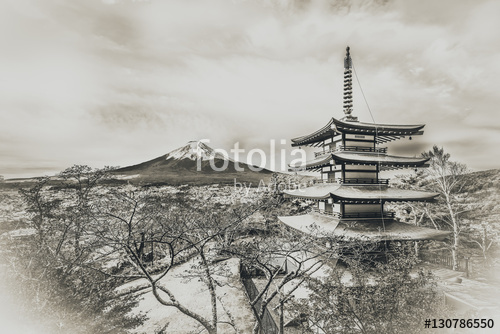 500x334 Mount Fuji, Chureito Pagoda. Pencil Drawing Effect. Stock Photo