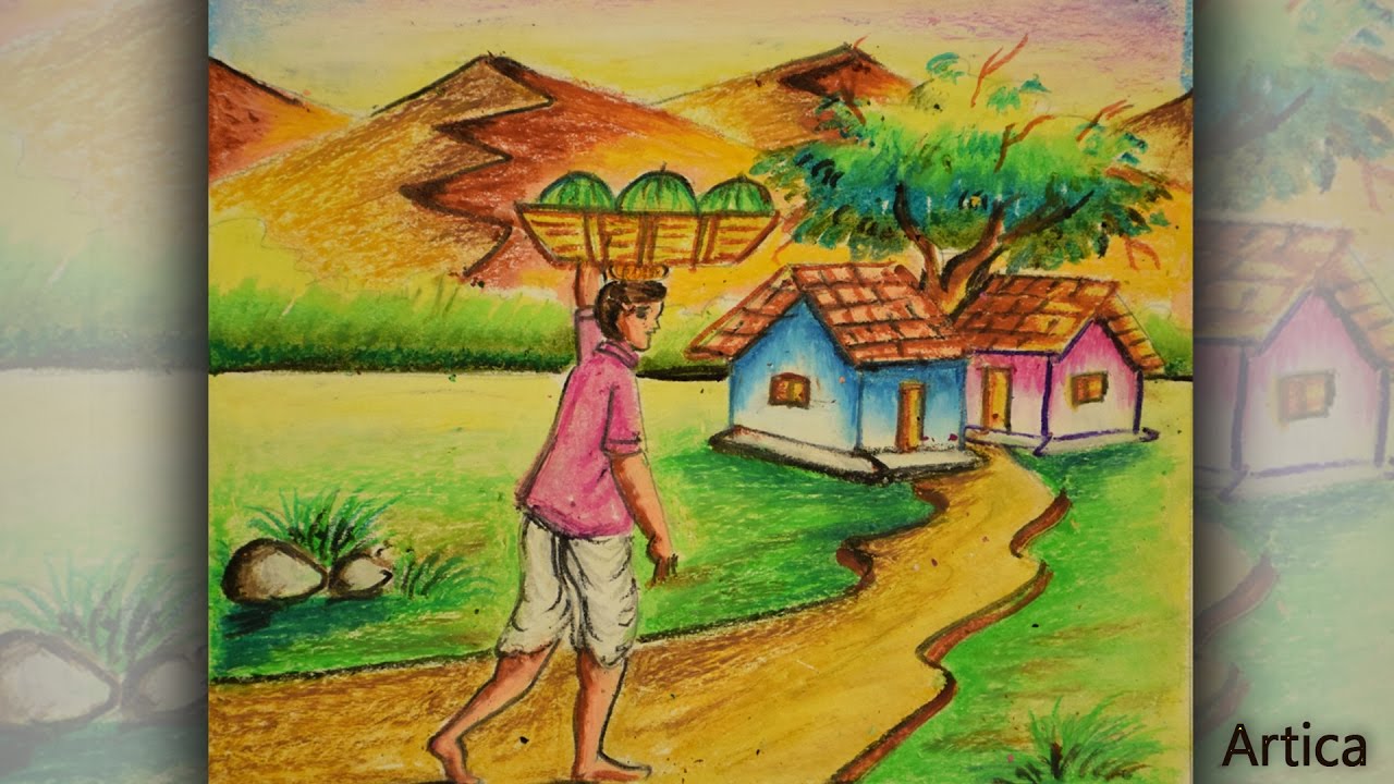 1280x720 How To Draw A Village Landscape With Oil Pastel Oil Pastel