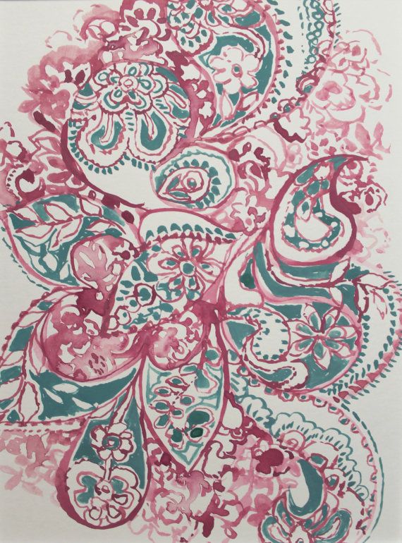 570x770 Original Hand Painted Paisley Floral Artwork, Paint Wash Drawing