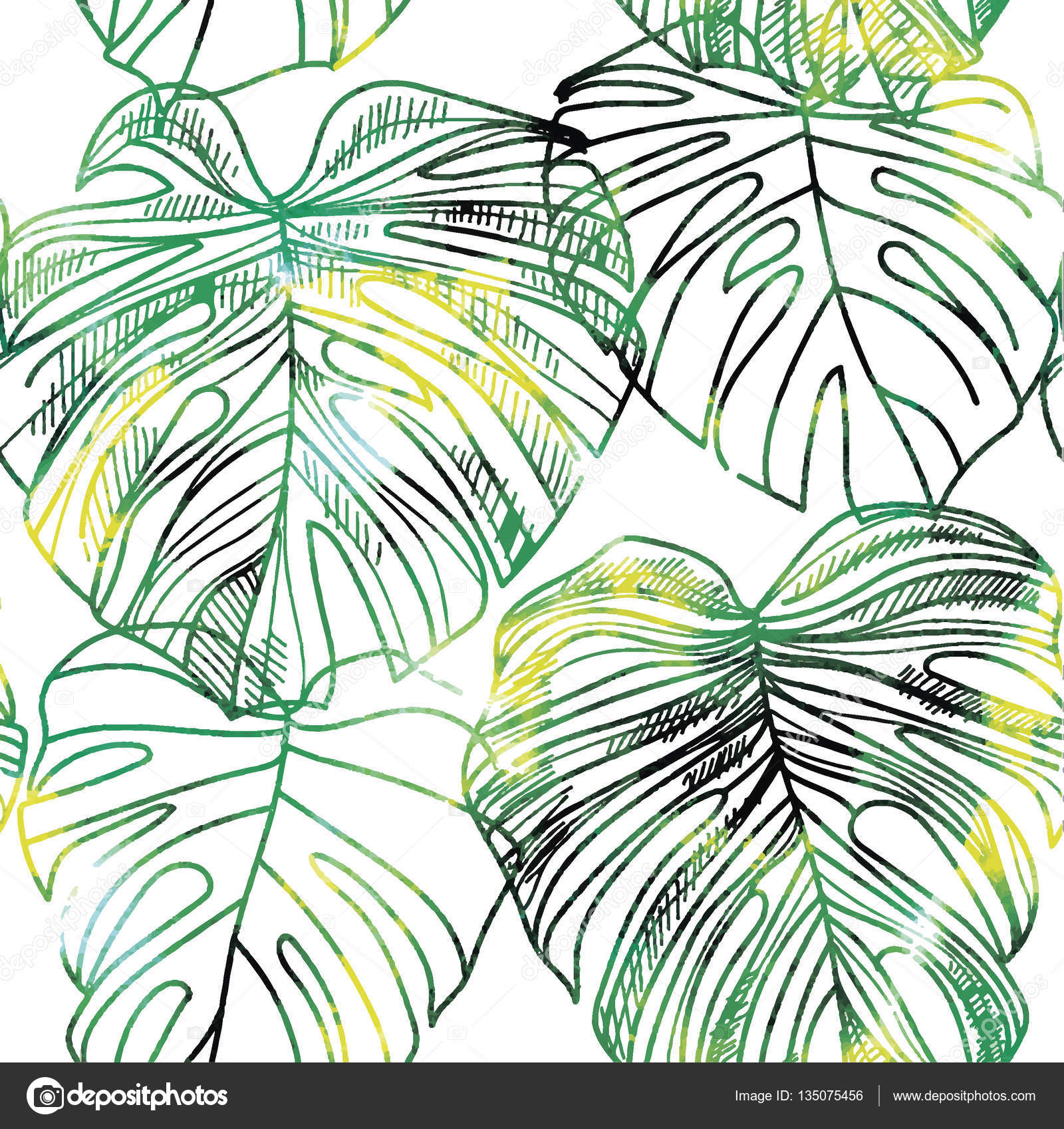 1600x1697 Seamless Pattern With Leaves Of Tropical Plants Vector Freehand