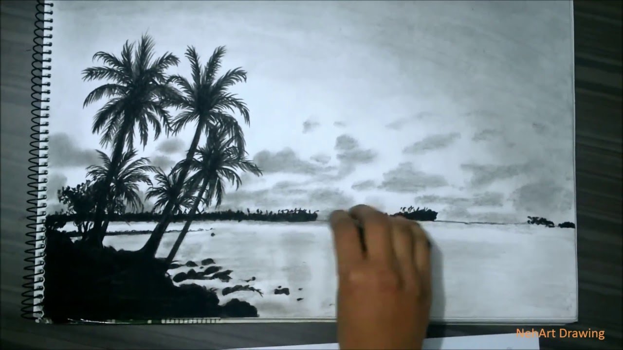 1280x720 Realistic Island Drawing With Pencil, Charcoal