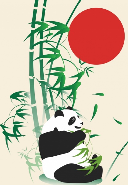 416x600 Wild Nature Drawing Panda Bamboo Red Sun Decoration Free Vector