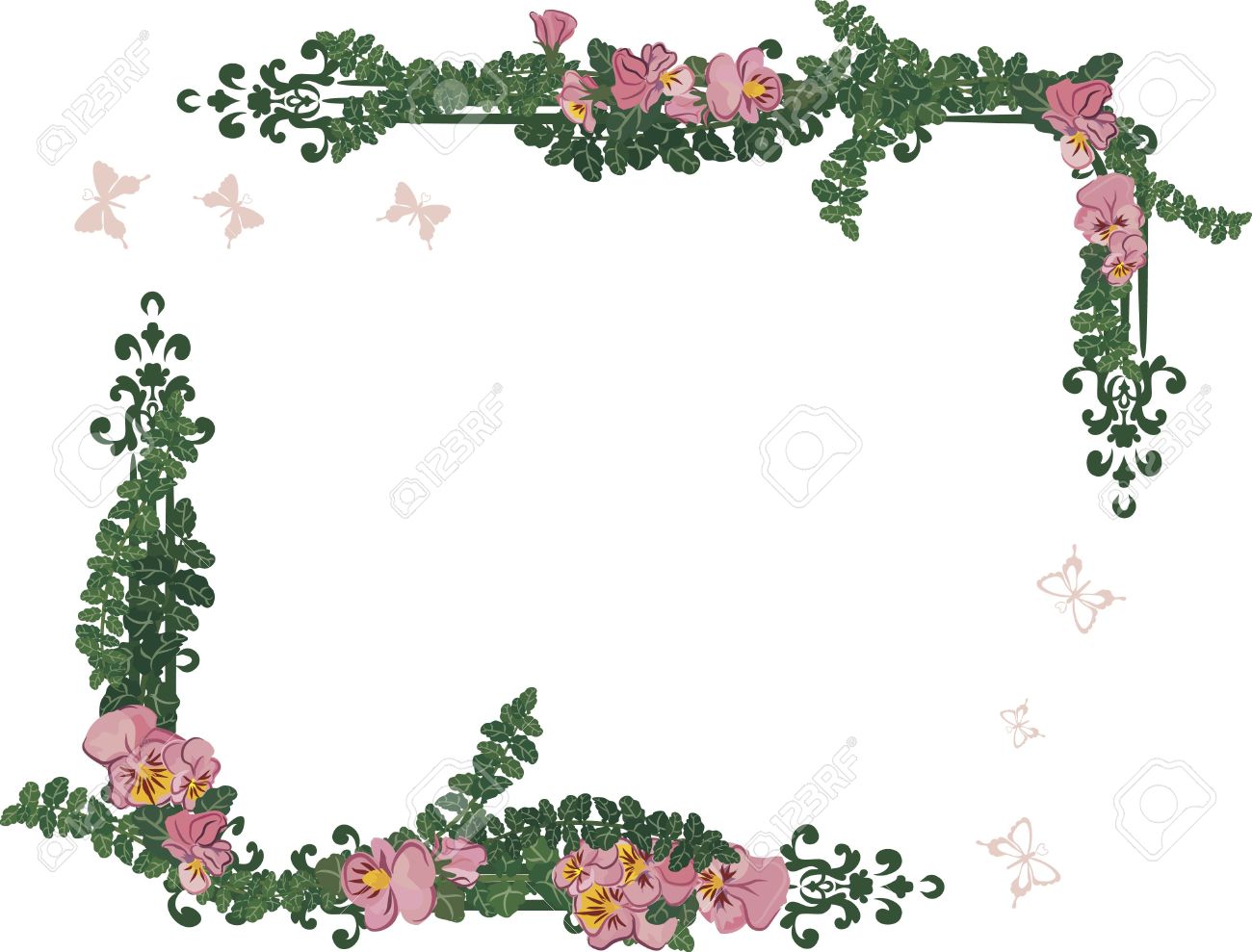 1300x989 Drawing Of Pansy Frame Elements With Butterflies. Stock Photo