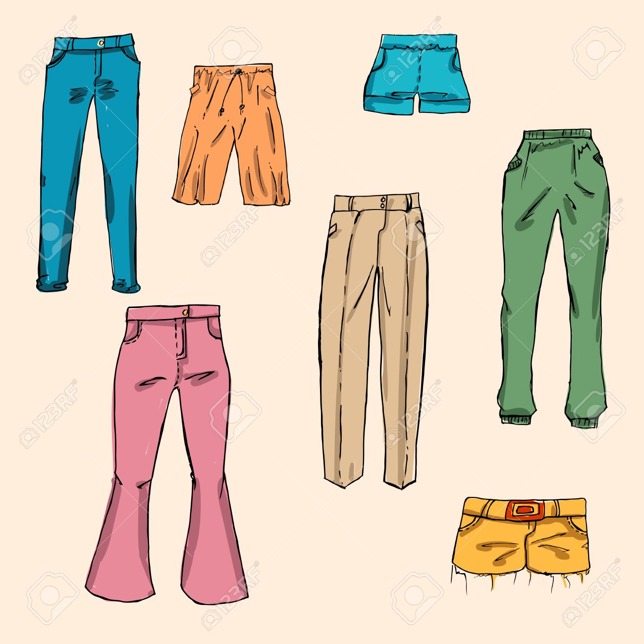 1300x1300 Fashion Set. Different Pants, Trousers. Illustration In Hand