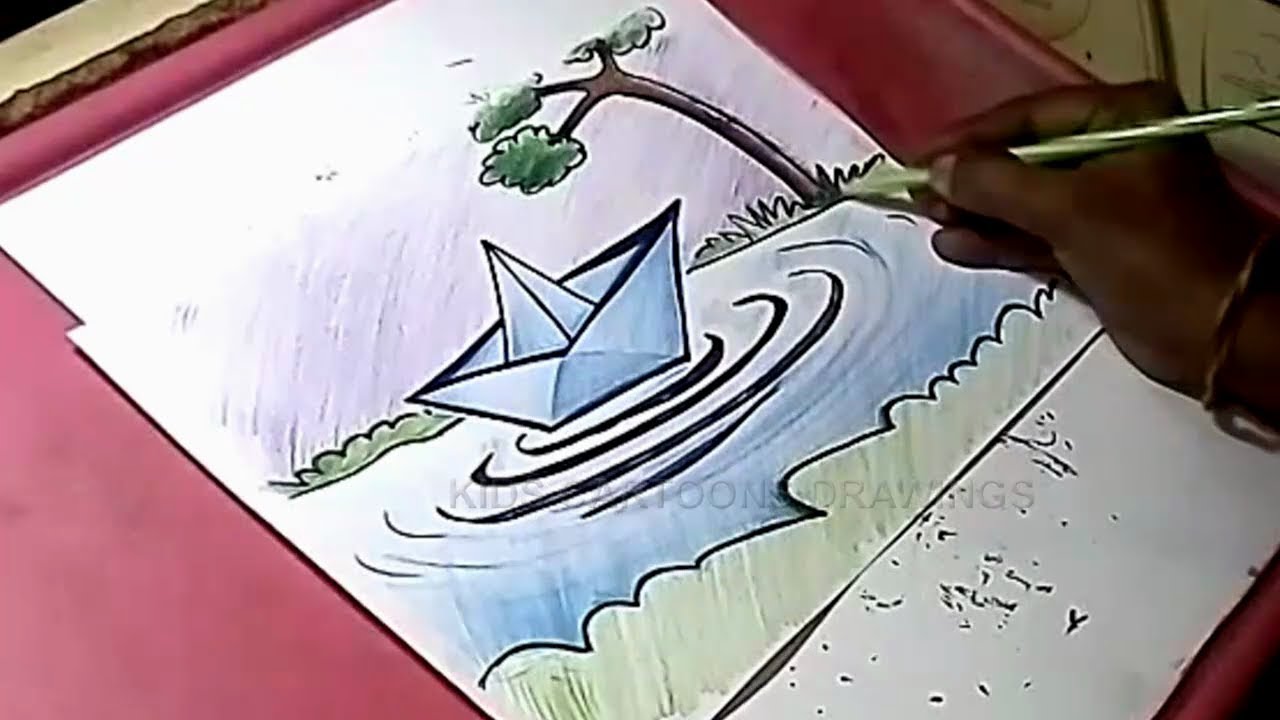 1280x720 How To Draw Paper Boat And Water Drawing For Kids