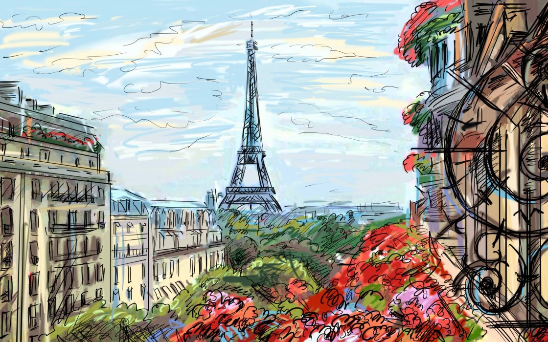 1120x700 Eiffel Tower Paris Sky Clouds Houses France French Artwork Art