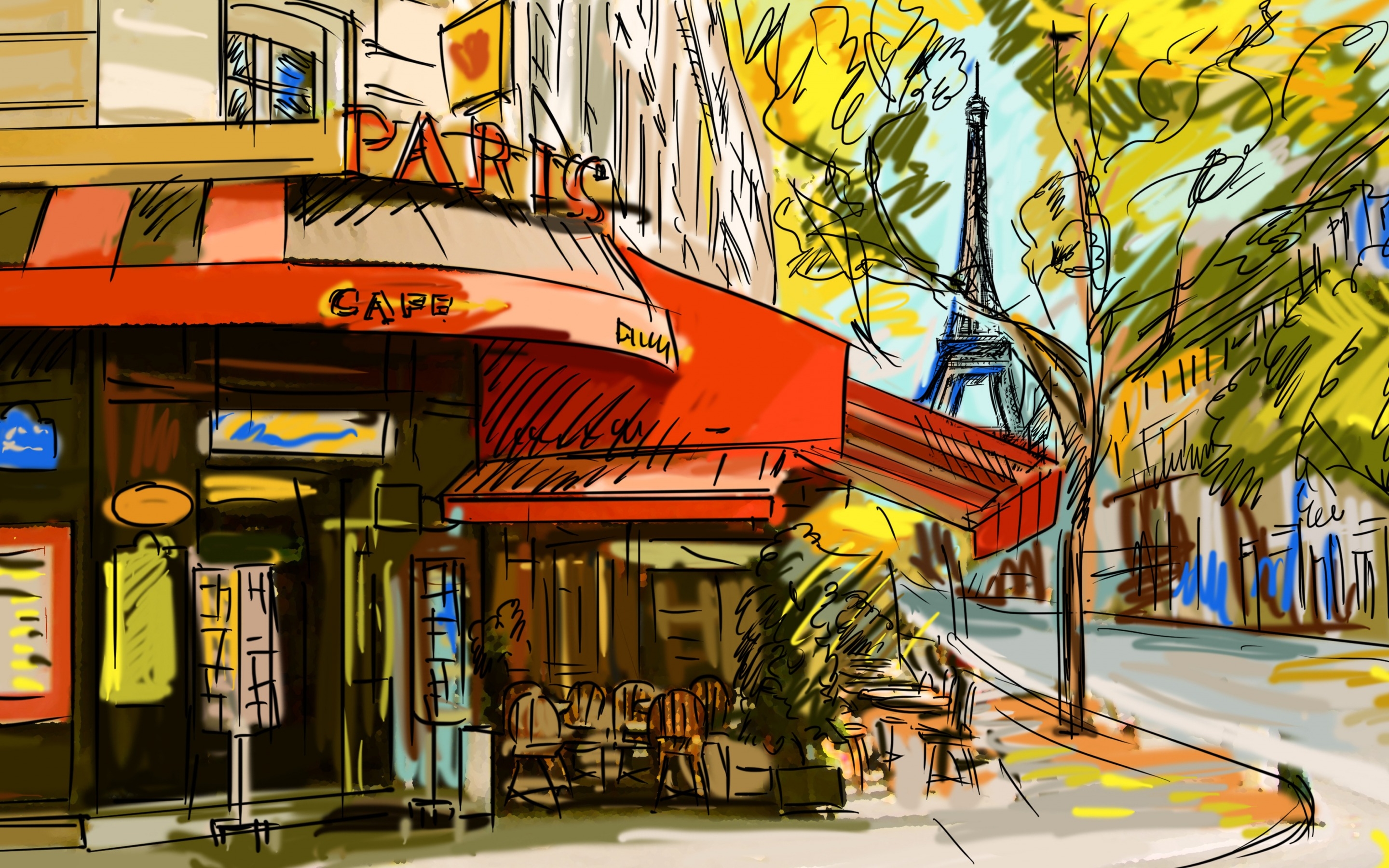 2880x1800 Wallpaper Tree, France, Drawing, Eiffel Tower, Paris, Cafe, Street