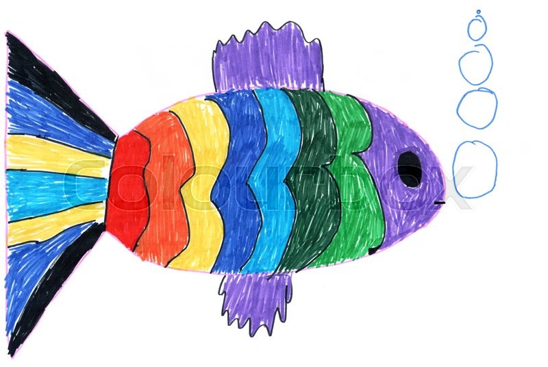800x536 Color Child's Drawing Drawn With Markers. Bright Fish On A White