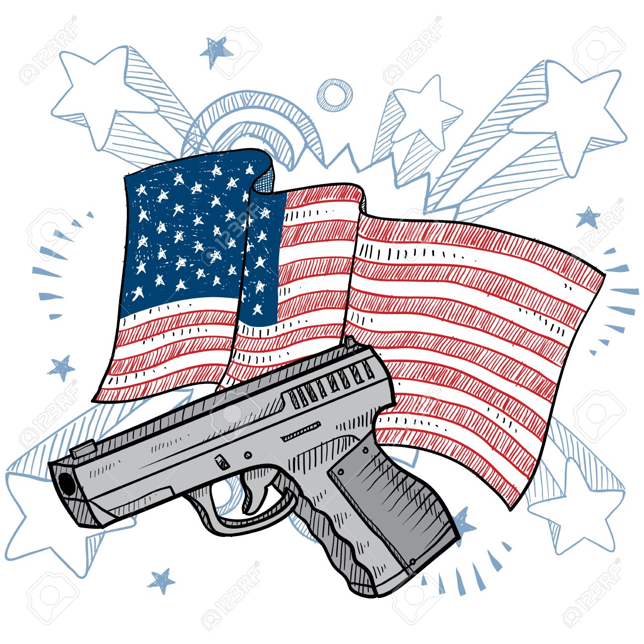 1299x1300 Doodle Style Second Amendment Handgun Or Pistol Color Illustration