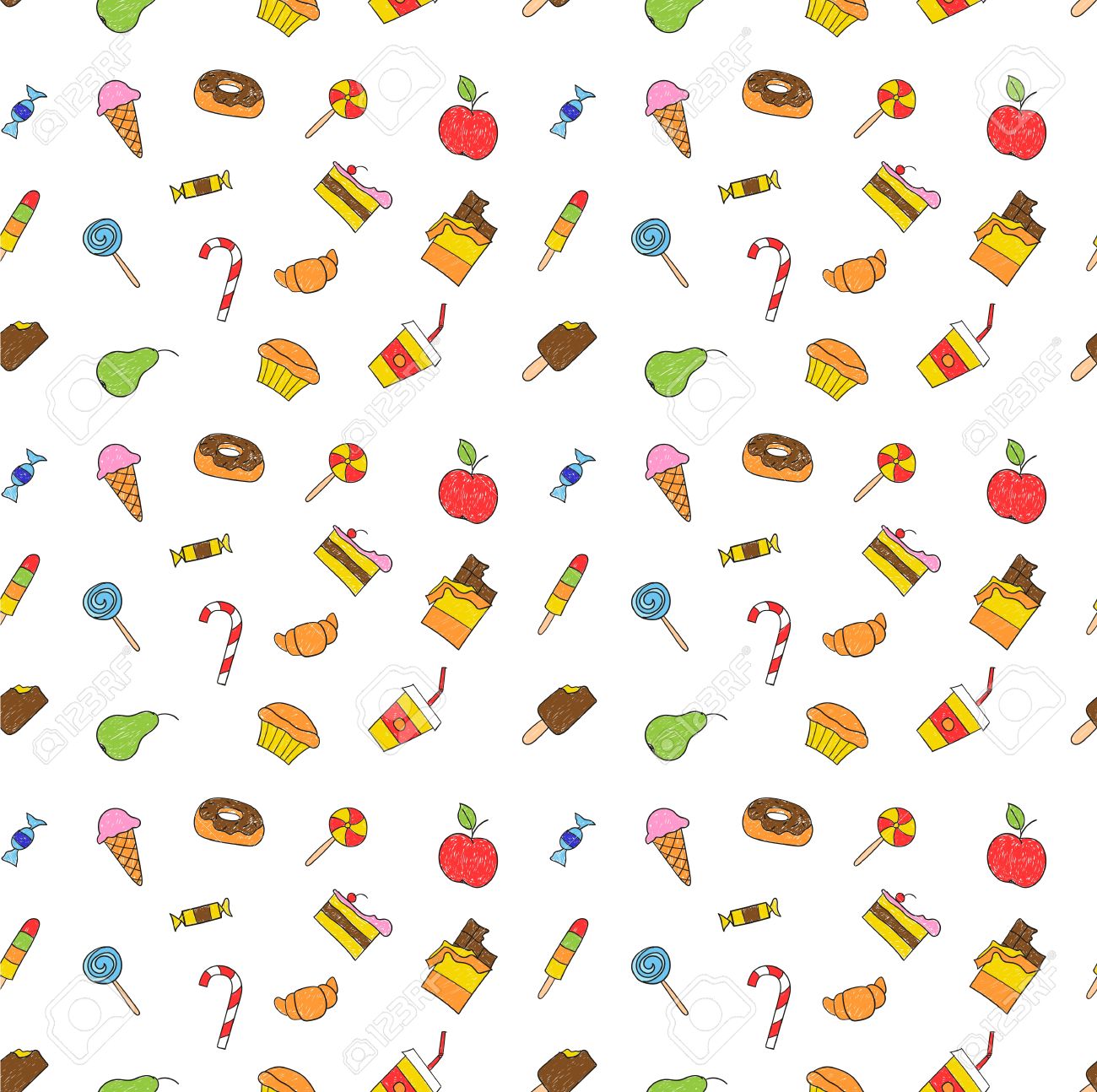1300x1294 Kids Hand Drawing Tasty Food. Cartoon Sketch Pattern Of Child