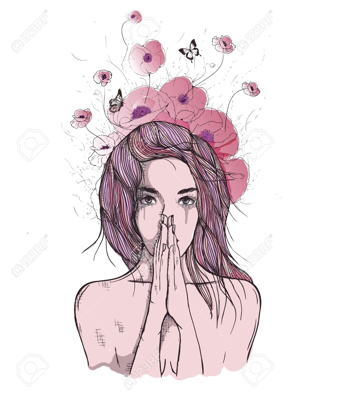 1121x1300 Vector Art Drawing, Portrait Of Sad And Depressed Girl, Thinking