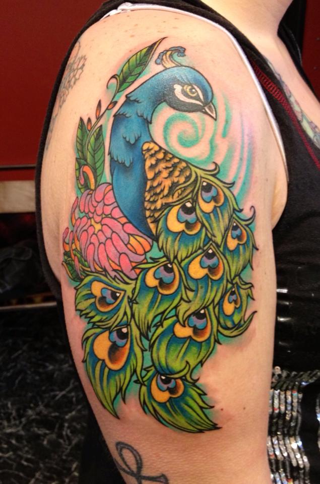 635x960 Colorful Peacock Tattoo On Right Shoulder