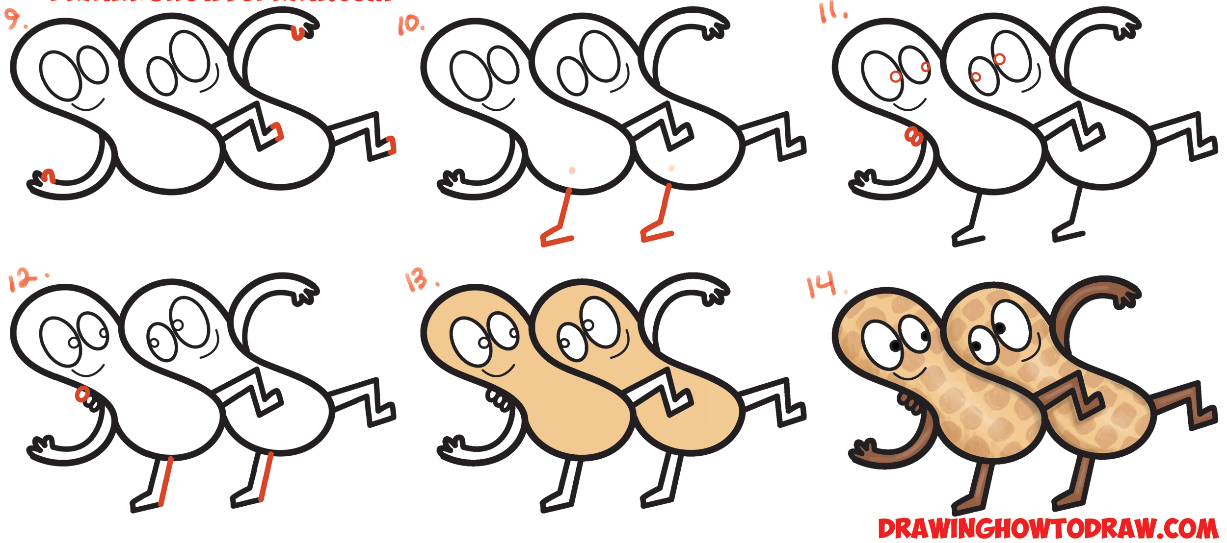 2500x1108 How To Draw Cartoon Dancing Peanuts From Letter S Shapes Easy Step