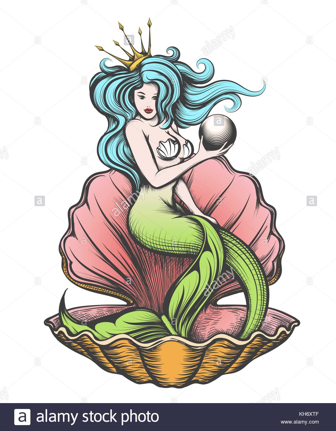 1083x1390 Long Haired Mermaid In An Open Pearl Shell Holds A Pearl In Her
