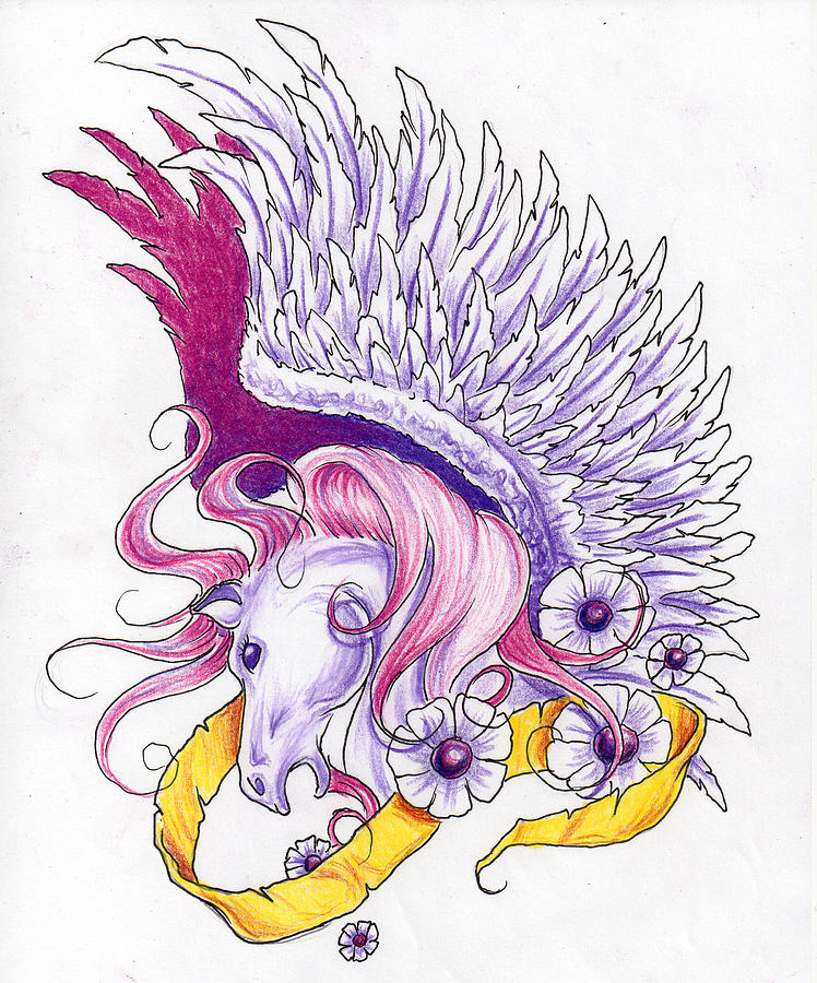 748x900 Pegasus And White Flowers Drawing By Mike Royal
