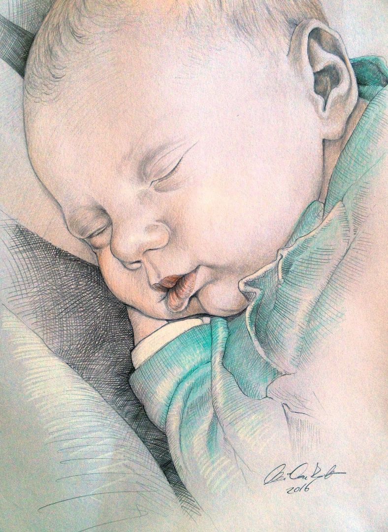 788x1080 Sleeping Baby Colored Pencil Drawing Graphic Portrait