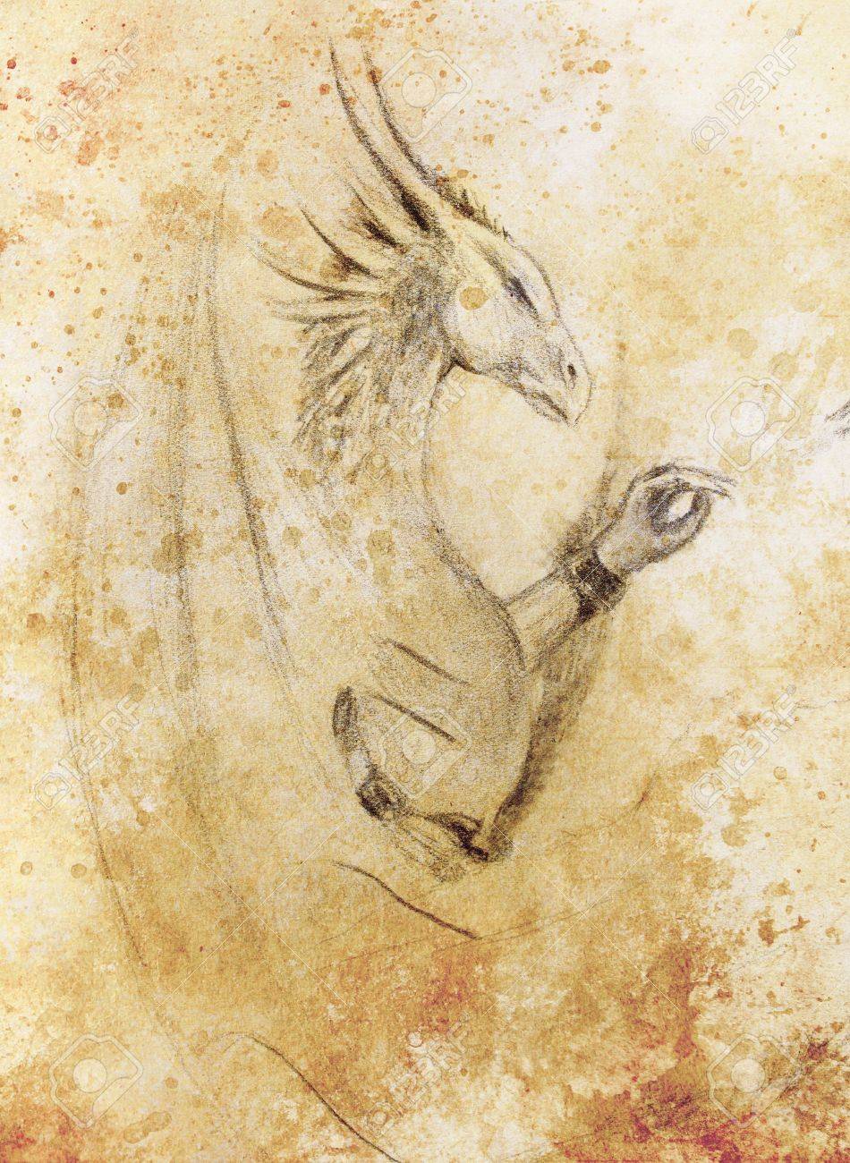 950x1300 Pencil Drawing Dragon On Old Paper Background Stock Photo, Picture