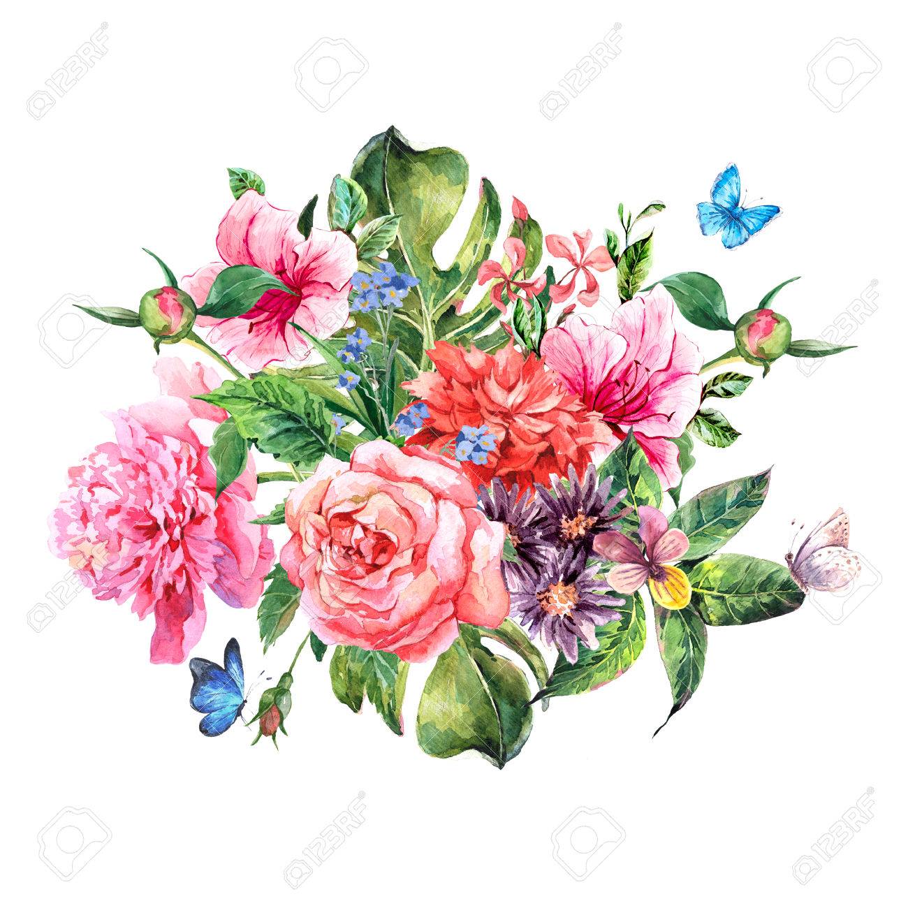 1300x1300 Summer Hand Drawing Watercolor Floral Greeting Card With Blooming