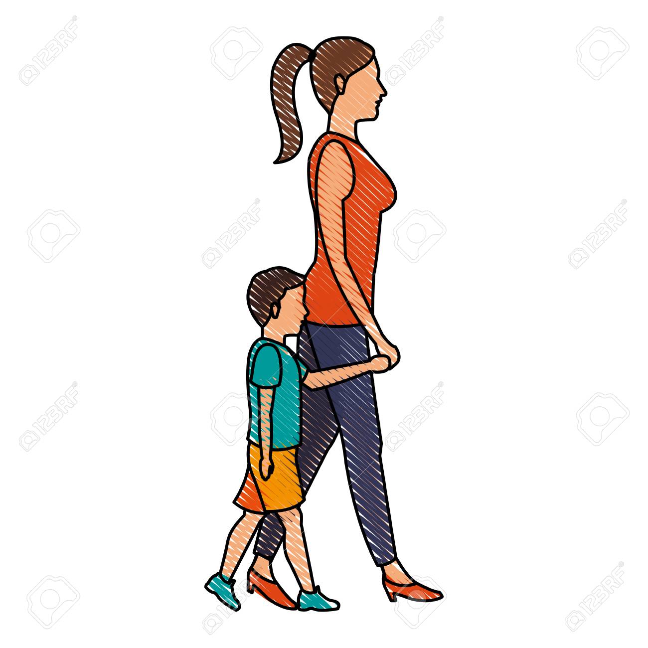 1300x1300 Drawing Mom Walking Her Son Holding Hands Vector Illustration