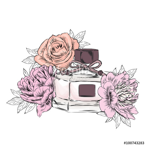 500x500 Perfume Bottle And Bouquet Of Flowers. Vintage Perfume. Vector