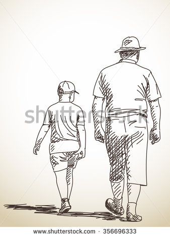 338x470 Sketch Of Walking Man And Boy, Hand Drawn Illustration