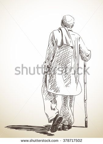 338x470 Sketch Of Walking Old Man, Hand Drawn Illustration