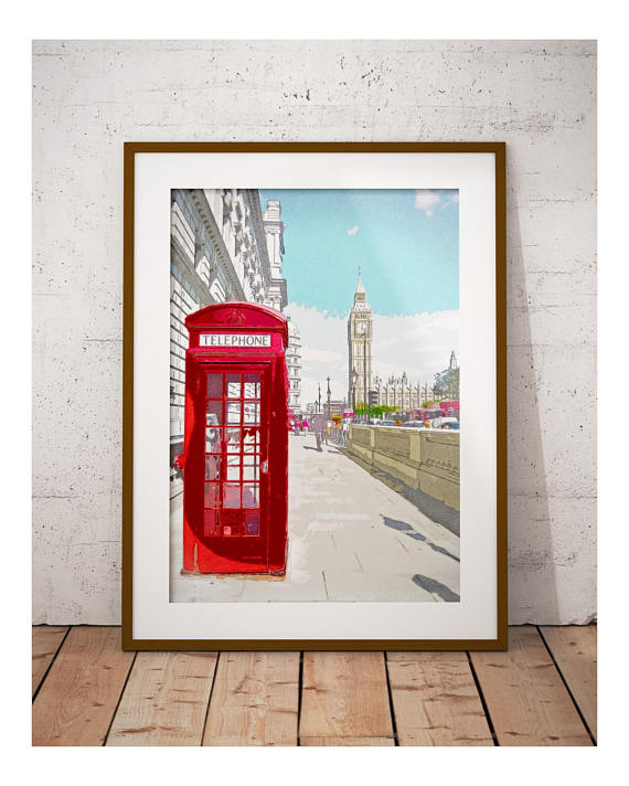 570x712 London Digital Drawing Print Downtown London Phone Booth