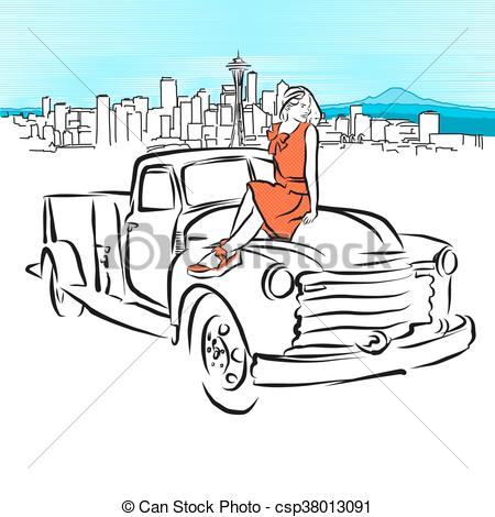 450x470 Pickup And Girl In Front Of Seattle Panorama, Vector Outline