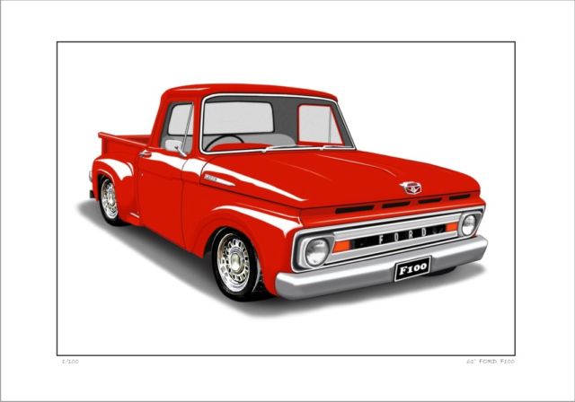 640x448 1961 Ford F100 Pick Up Truck Limited Edition Car Drawing Print ( 5