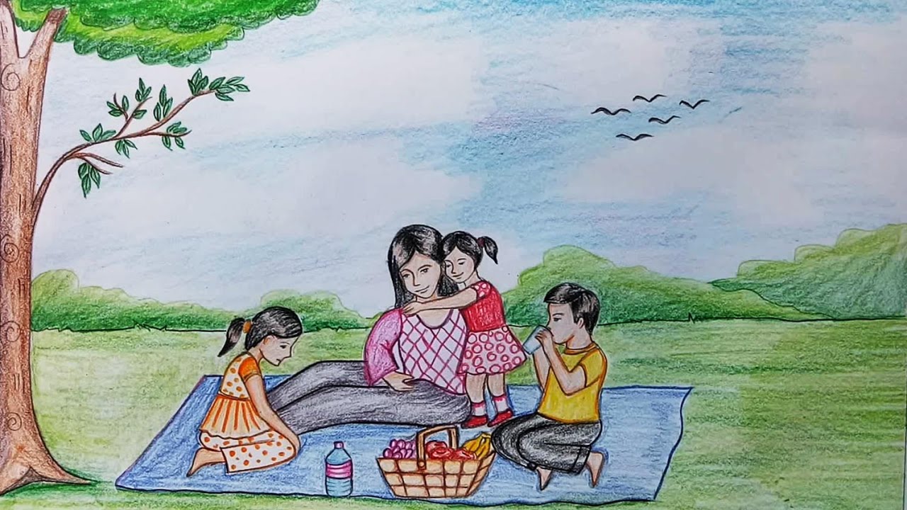 1280x720 How To Draw Scenery Of Family Picnic Step By Step