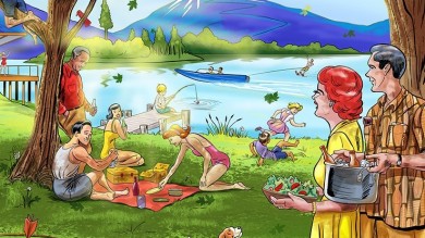 390x219 Summer Fun Family Picnic Retro Style Cartoon