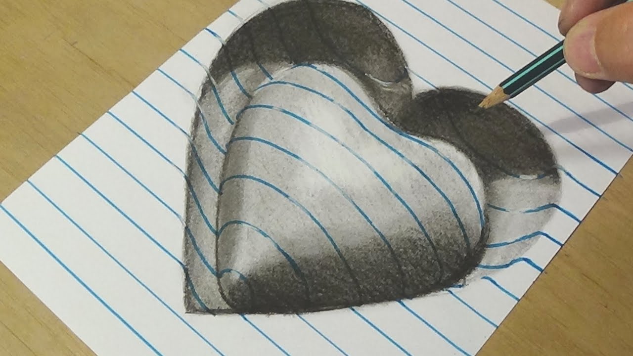 1280x720 Drawing Heart With Charcoal Pencils Trick Art On Line Paper